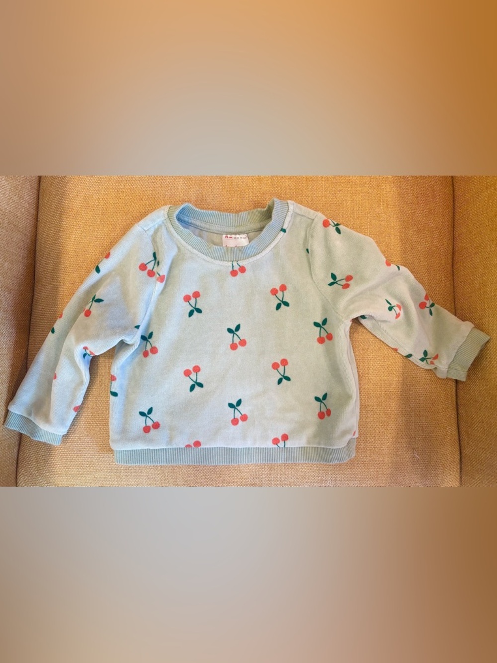 Hanna Andersson Velour Cherry Print Baby Sweater in Sea Foam Green